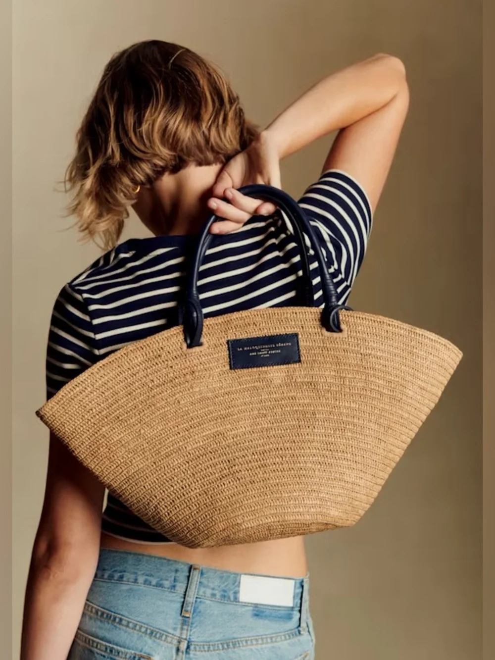 Sézane Justine Basket Bag in Deep Natural Raffia and Navy Handles - Picture 1 of 15